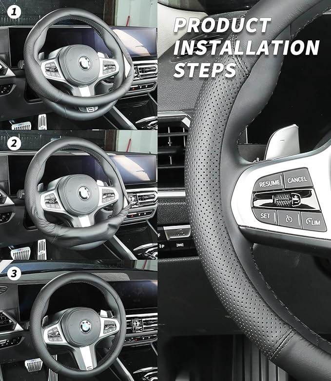 Custom-Fit for Hon-da Steering Wheel Cover, Genuine Leather Steering Wheel Cover, Non-Slip, Breathable, for Hon-da Accessories (Black (Black line), for Honda)