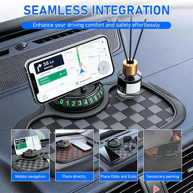 Multifunctional Car Anti-Slip Mat,Car Dashboard Mat,360° Rotatable Phone Holder Dashboard Pad with Temporary Parking Number,C