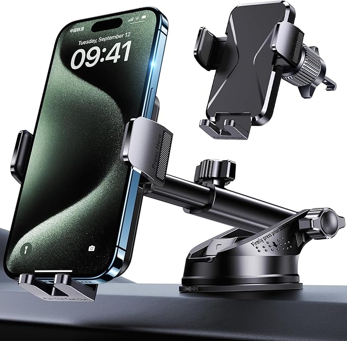 Universal Car Phone Mount Holder - [Military-Grade Suction Cup & Secure Clip] 3-in-1 Windshield, Dashboard, Air Vent Car Phone Mount Compatible with All iPhone & Smartphones