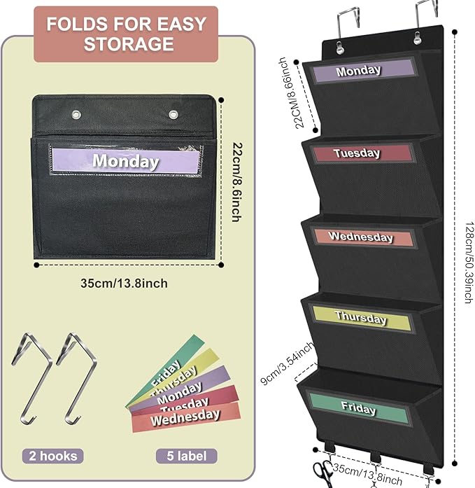 Weekly Over the Door File Organizer, Hanging File Folders Wall Organizer with 5 Large Pockets for Papers, Charts, Mails, Maga