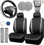 CAR PASS Bling Diamond Leather Car Seat Covers Sets 11 pcs,Bling Diamond Car Accessories for Women, Sparkly Rhinestone Steeri
