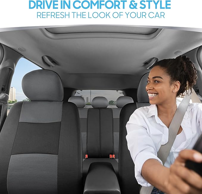BDK PolyPro Car Seat Covers Full Set in Gray on Black – Front and Rear Split Bench Seat Covers for Cars, Easy to Install Car 