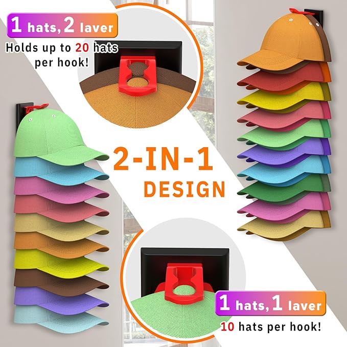 Volnamal Hat Organizer for Baseball Caps, 2 Pack Hold Up to 40 Hats, Hat Rack for Wall Space Saving, Hat Hanger w/Strong Adhe