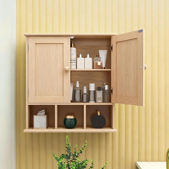 TaoHFE Natural Wooden Color Bathroom Wall Cabinet with 2 Door Adjustable Shelves,Over The Toilet Storage Wall Mounted Medicin