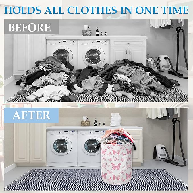 Pink Butterfly Laundry Basket Collapsible Laundry Hamper Clothes Toy Storage Bin for Bathroom Bedroom Room Decor 16" X 20.8"