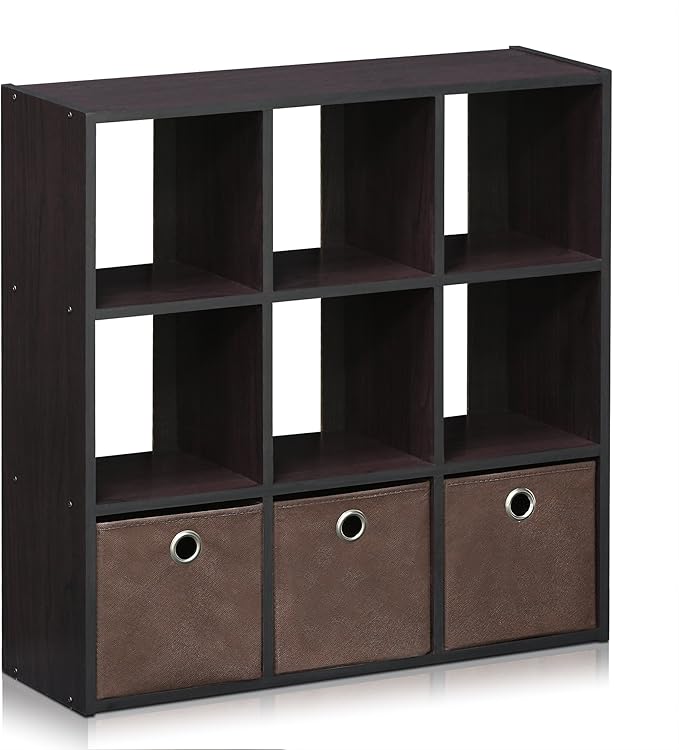 Furinno Simplistic 9-Cube Organizer with Bins, Small Size (Assembled Unit Dimensions : 7.9"D x 26.5"W x 26.7"H Inches), Dark 