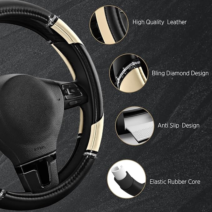 Road Comforts Leather Steering Wheel Cover - Made with PVC Leather - Anti-Slip, Universal Fit 14 1/2 inches to 15 inches - Mi