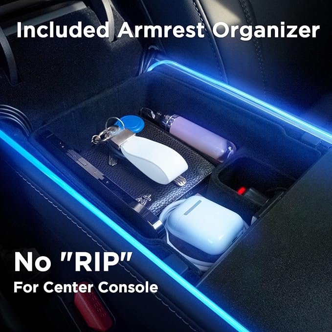 Nestour Interior Car Neon Light Fit for Tesla Model 3 Y 2021 2022 2023 (Center Console+Dashboard+Seat+4 Foot Lights) with Matching Armrest Organizer, Tesla Ambient Lights, APP-Controlled RGB LED