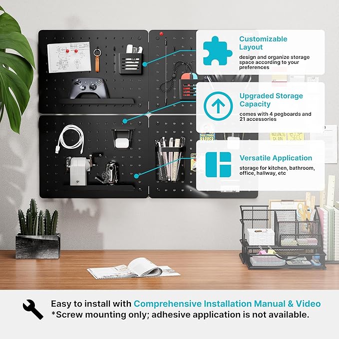 PEGZONE Pegboard Wall Organizer Combination Kit,Overall 33.1"x25.4" Metal Office Pegboard with 21 Accessories, Wall Mounted P