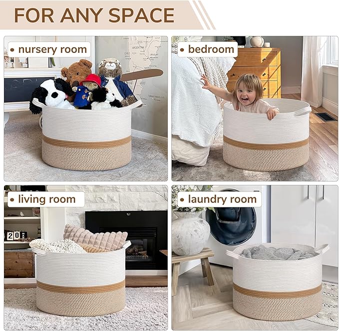 INDRESSME XXXLarge Cotton Rope Basket 21.7" x 21.7" x 13.8" Woven Baby laundry Blanket Basket for Home Decor Living Room Nurs