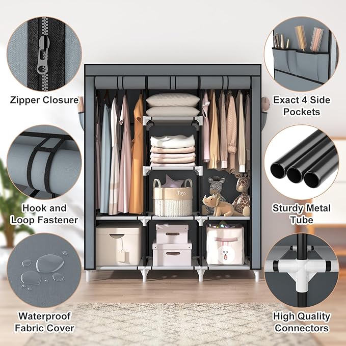 VTRIN Portable Closet Wardrobe for Hanging Clothes with 2 Hanging Rods and 8 Storage Organizer Shelves,Sturdy Large Wardrobe 