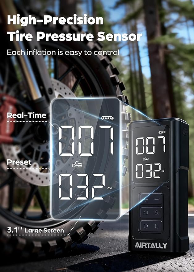 Tire Inflator Portable Air Compressor - 5200mAh 150PSI Quickly Inflate Portable Air Pump for Car Tires/Bike/Basketball with LED Large Dual Screen, Pressure Gauge & Auto Shut-Off