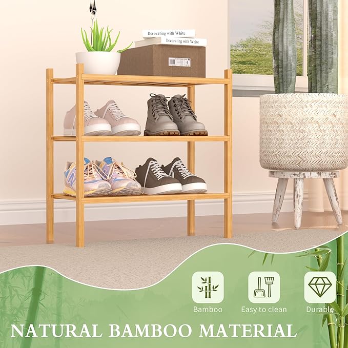 ROMGUAR CRAFT 3-Tier Bamboo Small Shoe Rack, Free Standing Wood Shoe Shelf Storage Organizer for Closet Entryway Stackable (N