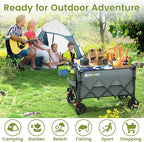 Collapsible Wagon Cart, 150L Heavy Duty Foldable Beach Wagon with Wider Wheels & Auto-Rebound Handle, Utility Grocery Shopping Cart for Garden, Shopping, Camping, Sports, Gray