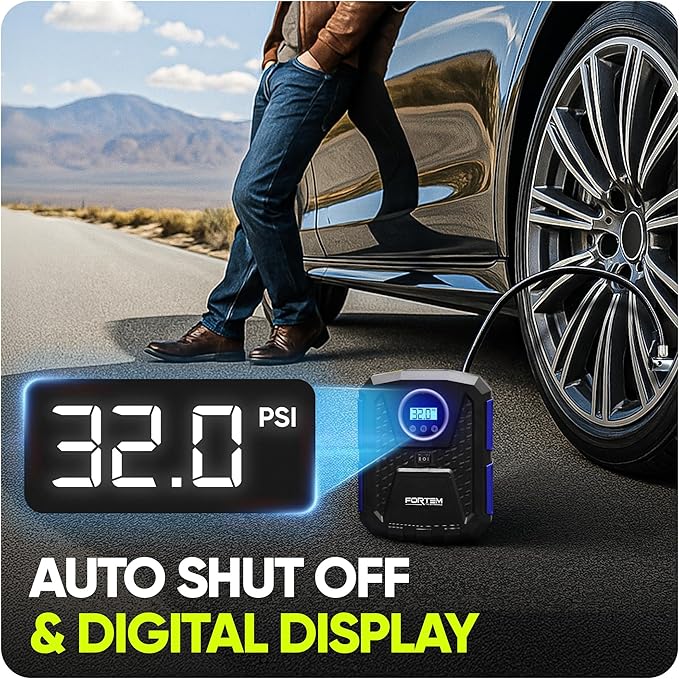 FORTEM Tire Inflator Portable Air Compressor, Air Pump for Car Tires and Bikes, Car Tire Pump w/Auto Shut Off, 150 PSI, 110V AC 12V DC, LED Light, Carrying Case, for Men, Women