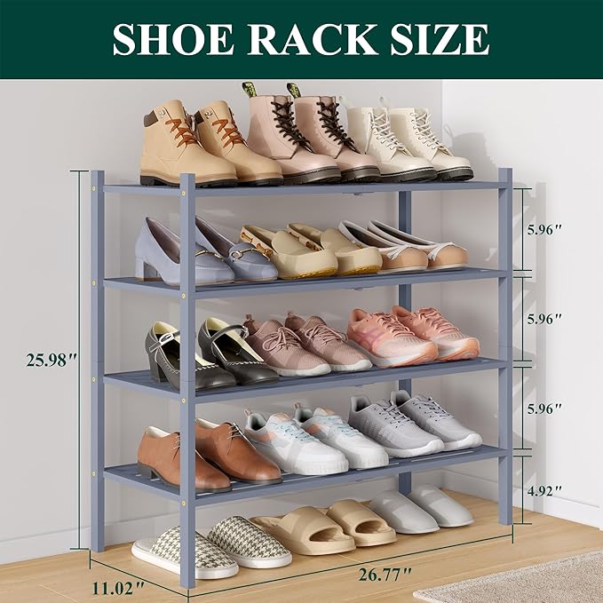 Smiry Bamboo Shoe Rack 4-Tier, Stackable Wooden Shoe Organizer for Entryway & Closet, Free Standing Wood Shoe Storage Shelf f