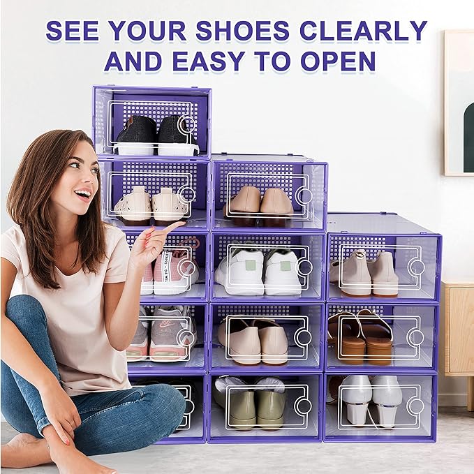 Kuject Shoe Organizers Storage Boxes for Closet, 12 Pack Clear Plastic Stackable Storage Bins with Lids, Under Bed Shoe Conta