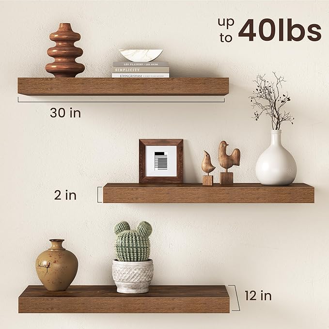 30Inch Floating Shelves for Wall, 12 Inch Deep Shelves for Bedroom, Kitchen, Bathroom Wall Mounted, Rustic Wood Floating Shel