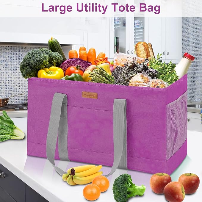 WONDAY Reusable Grocery Bags, Extra Large Utility Tote Bag for Women, Foldable Large Tote Bag Shopping Bags for Groceries, Storage, Picnic, Beach, Pool (RoseRed)