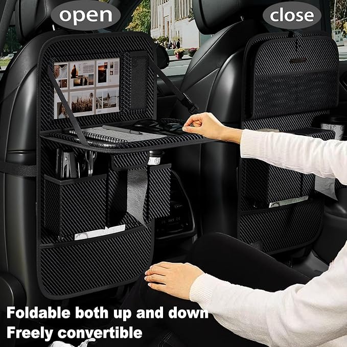 Aiuwo Car Backseat Organizer with Tablet Holder Storage Kick Mat Seat Protector,PU Leather Premium Car SeatBack Organizer r with Foldable Table for Kids Toddlers Travel (Carbon Black, Weave)