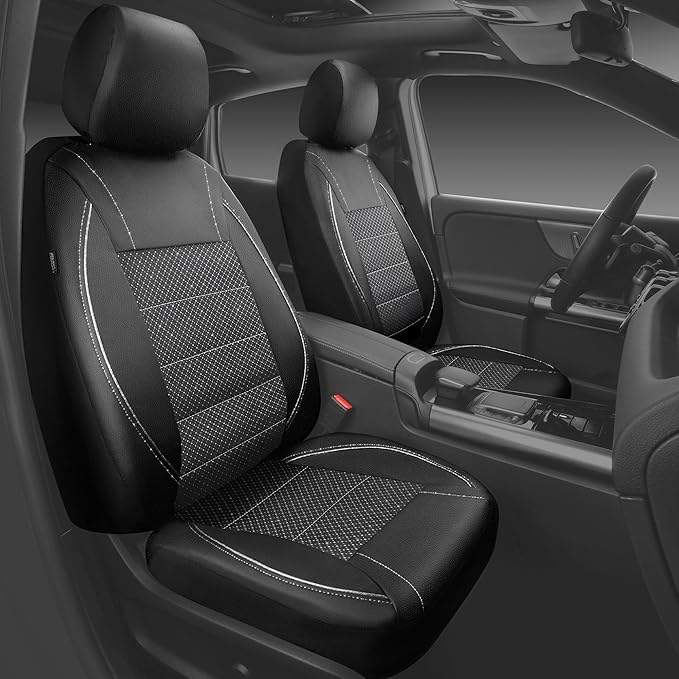 CAR PASS Piping PU Leather Car Seat Cover Full Set, Inside Zipper Design and Reserved Opening Holes, Airbag Compatible,Universal FIT for Car, SUVs,Van,Trucks（Full Set, Black & Silver