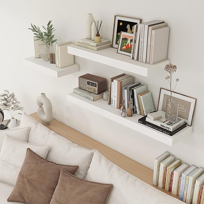 Deep Floating Shelves | 24 Inch White Floating Shelves Set of 2 | 12 Inch Deep Rustic Wood Shelves for Wall | 24" W x 12" D W