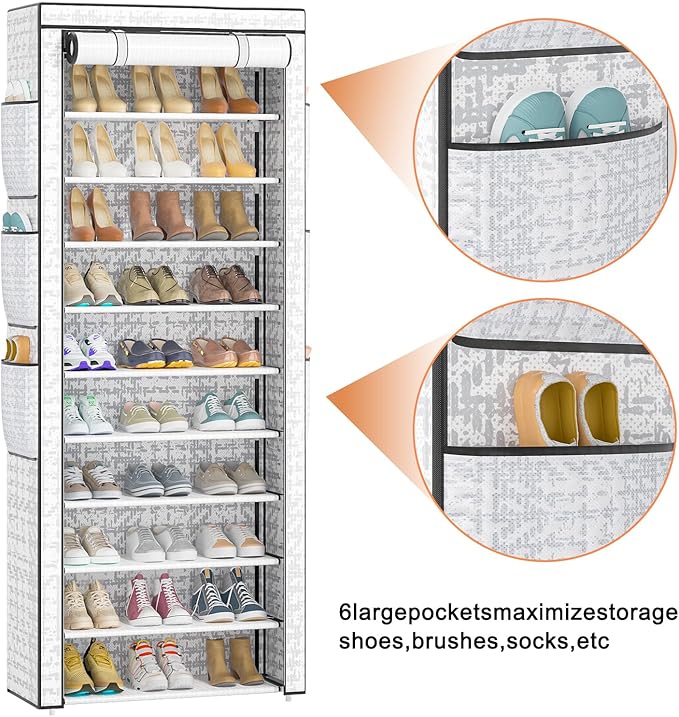 OYREL Shoes Rack 10 Tier Tall Shoe Rack with Storage Pockets, Fabric Covered Shoe Racks,Metal Shoes Rack Organizer for Closet