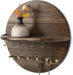 Rebee Vision Acacia Wood Decorative Key Holder Wall Mount for Home Decor- Farmhouse Round Key Holder for Wall with Shelf & 11