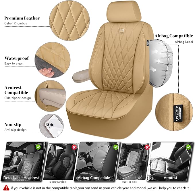 CAR PASS Piping Luxury PU Leather Two Front Car Seat Covers, Waterproof Anti Slip Seat Covers Compatible with Front Seat Armr