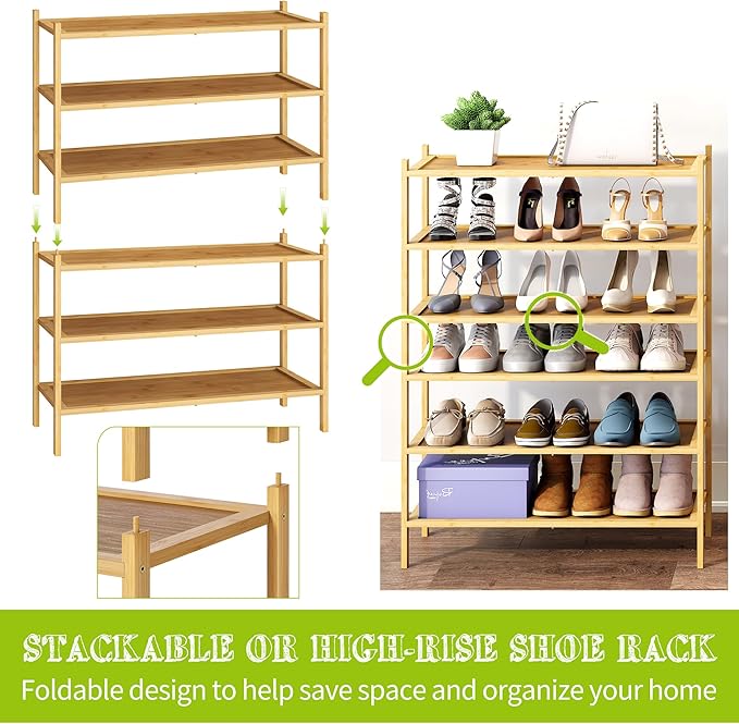 BMOSU 3-Tier Bamboo Shoe Rack Premium Stackable Shoe Shelf Storage Organizer for Hallway Closet Living Room Entryway Organize