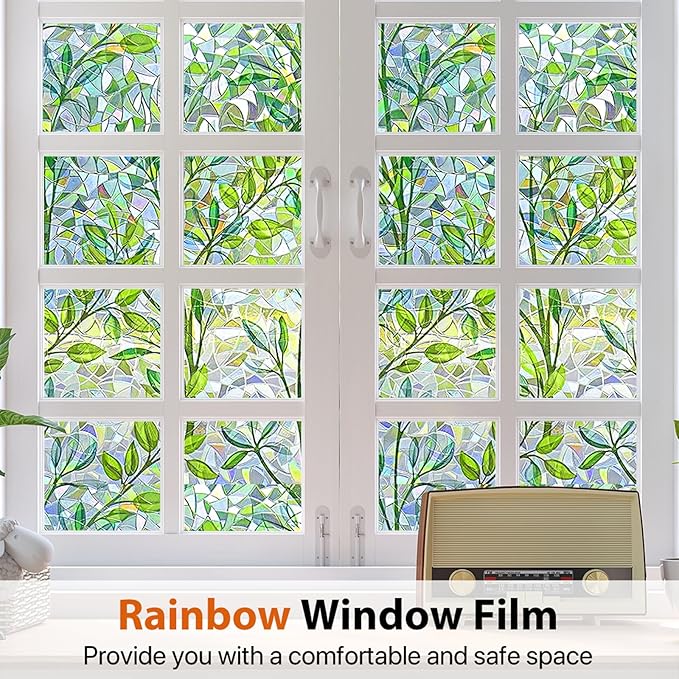 Niviy Window Privacy Film Stained Glass Window Film with Installation Tools, Rainbow Windows Decorative Decals Non-Adhesive Reusable for Home, Bathroom, Glass Door (Leaf Rainbow, 17.5 x 118 in)