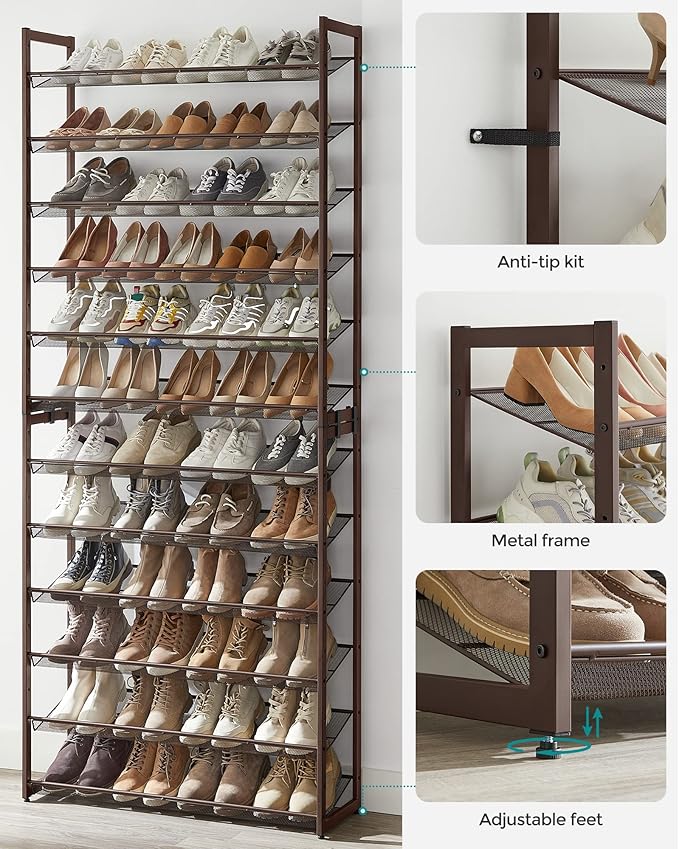 SONGMICS Shoe Rack, 12-Tier Shoe Organizer, Metal Rack for Garage, Set of 2, 6-Tier Stackable Shelf, with Adjustable Flat or 