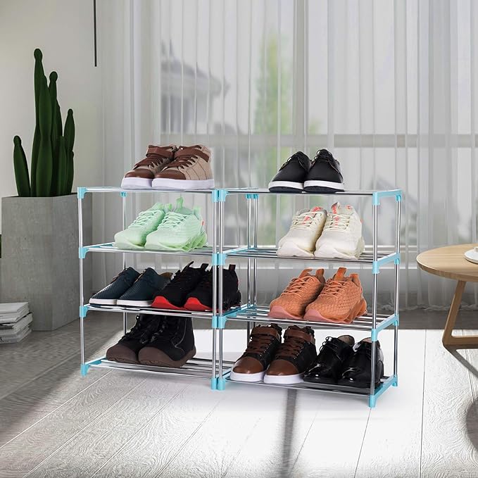 4-Tier Stackable Small Shoe Rack, Lightweight Shoe Shelf Storage Organizer for Entryway, Hallway and Closet (Blue)
