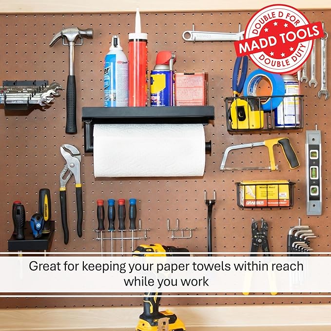 Pegboard Paper Towel Holder and Shelf, Peg Board Accessory Kit with Heavy Duty Pegboard Hooks for Garage Workshop Craft Room,