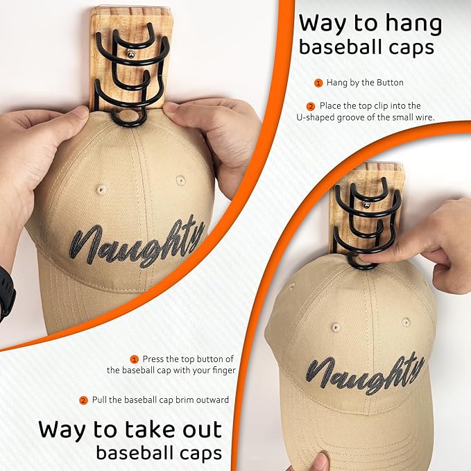 Hat Organizer for Baseball Caps 2 Pack - Wood & Metal Wall Hat Rack with Strong Adhesive & Screws, Holds Up to 22 Caps, Dual 