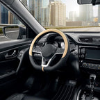 SEG Direct Flat Bottom Steering Wheel Cover Breathable, D Shaped Car Wheel Cover 14 1/2-15 in. (37-39 cm), Black Beige Microf