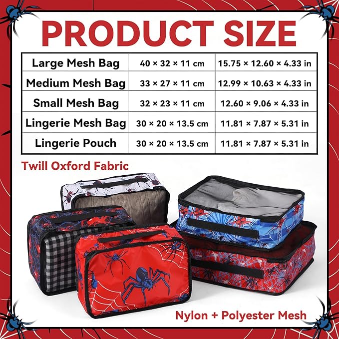 5 Pcs Spider Packing Cubes Set for Travel Spider Travel Bags Accessories Luggage Organizer for Adults Trips Holidays Hiking C