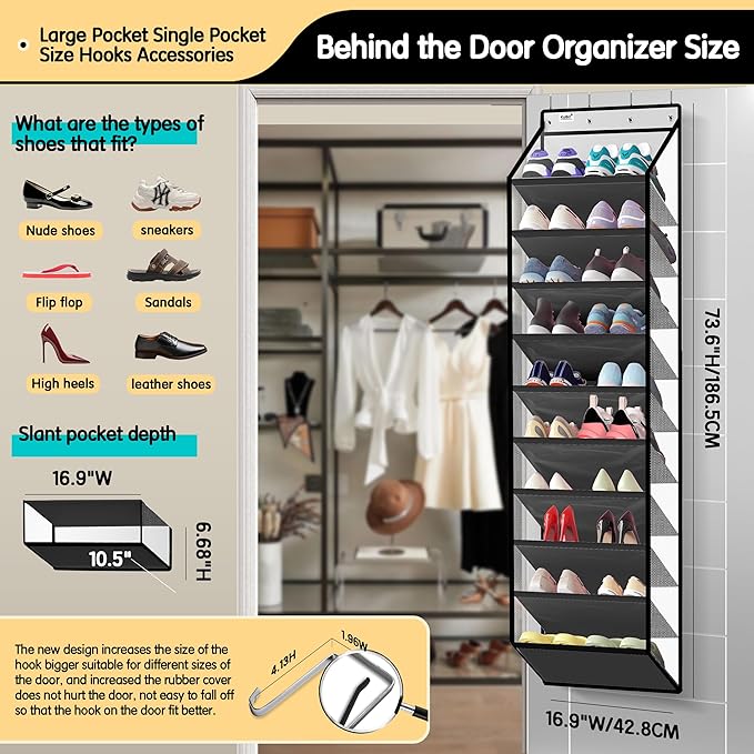 Kotkn 10 Tier Hanging Shoe Rack - Heavy Duty Behind The Door Hanging Shoe Rack, Sturdy Oxford Cloth, 20+ Pairs Over The Door 