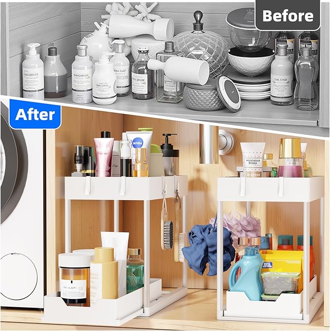 Simple Trending Under Sink Organizer 2 Pack, Sink Pull-Out Sliding Storage Cabinet, 2-Tier Under Shelf Organizer for Kitchen 