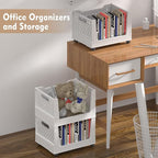 Stackable Plastic Storage Basket, 3 Pack Foldable Closet Organizers and Storage Bins with Wheels, Collapsible Drawer Shelf St