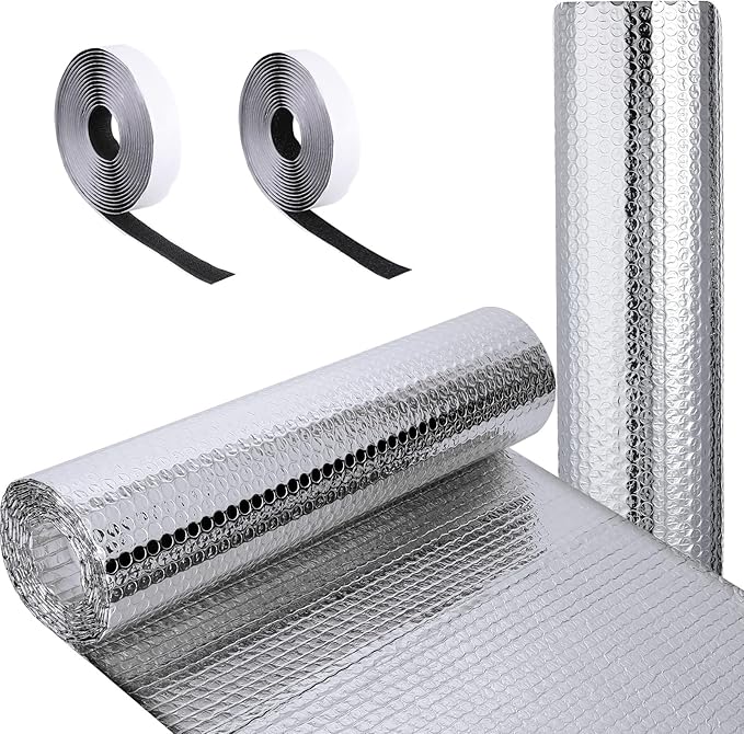 Frienda Rv Window Reflective Insulation Roll 47.2inch*25ft Double Aluminum Foil Heat Bubble Thermal Window Shade Door Cover Blackout for Garage Roof Travel Camper Skylight Shield