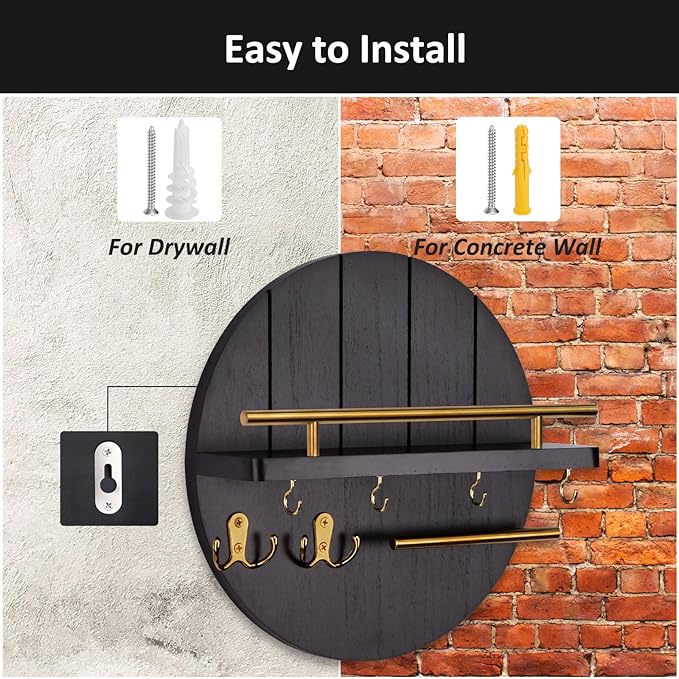 Nekon Wall Mount Key Holder, 11.8 Inch Rack With Shelf and 6 Hooks, Rustic Mail Organizer, Circular Wooden Hanger for Entrywa