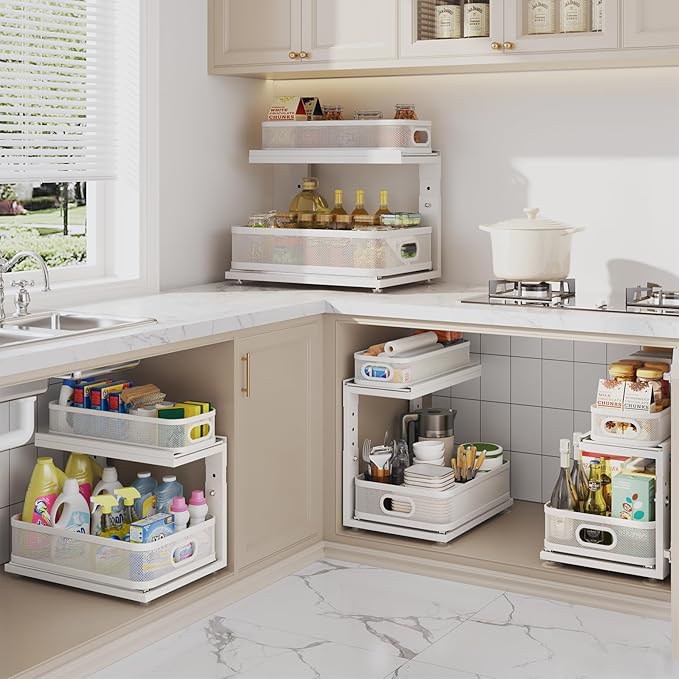 2 Pack Under Sink Organizer With Next-Gen Ball-Bearing Slides,2-Tier Precision Mesh Pull Out Cabinet Drawers Storage for Bath