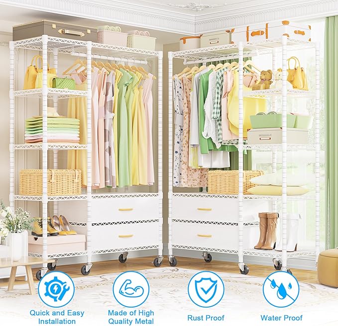 Ulif F3R Heavy Duty Clothes Rack（With Lockable Wheels）Freestanding Clothing Racks for Hanging Clothes，Adjustable Closet Organ