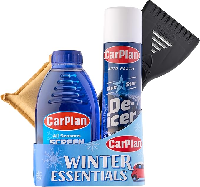 CarPlan Winter Essentials Kit, 4 Piece Set - Ice Scraper, De-Icer Spray, Windshield Washer Fluid & Window Demister Pad