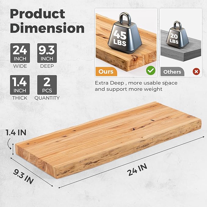 RICHFOCUS Live Edge Elm Floating Shelves - 24" W x 9.3" D Rustic Solid Wood Wall Shelves with Invisible Bracket, Wall-Mounted