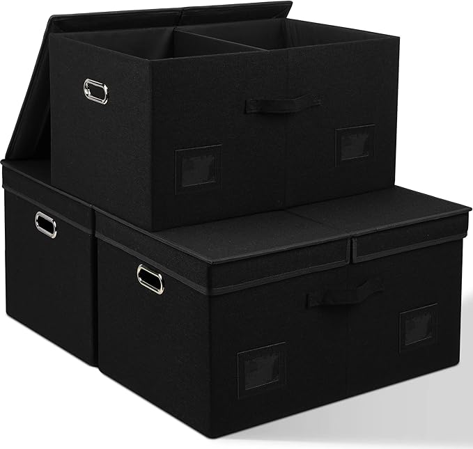Graciadeco 75 Quarts Extra Large Decorative Storage Bins with Lids, 3 Packs Black Collapsible Storage Bins with Lids, Stackab