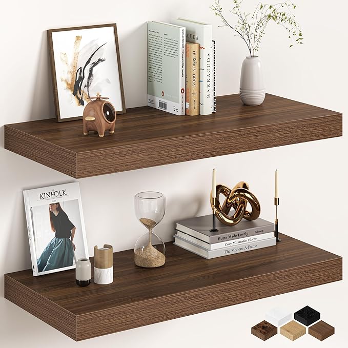 30Inch Walnut Floating Shelves for Wall, 12 Inch Deep Shelves for Bedroom, Kitchen, Bathroom Wall Mounted, Rustic Wood Floati