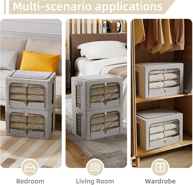 FHSQX 3 Pack Clothes Storage Bins - Foldable Metal Frame Storage Box - Stackable Linen Fabric Container Organizer Set with Ca
