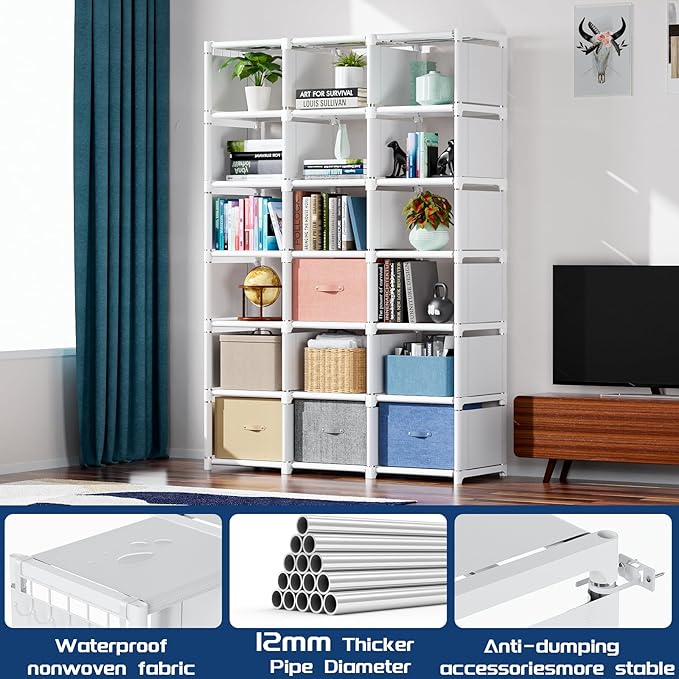 Mavivegue Book Shelf, 18 Cube Storage Organizer, DIY Bookcase, Metal Cube Bookshelf, Tall Book case for Bedroom, Living Room,